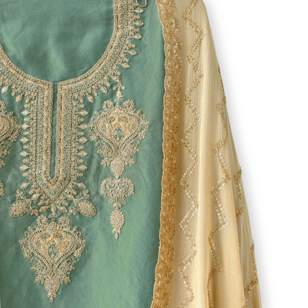 Handpicked Suit Sets Unstitched Suit English Green & Gold Embroidered Pure Tissue Silk Unstitched Suit Set