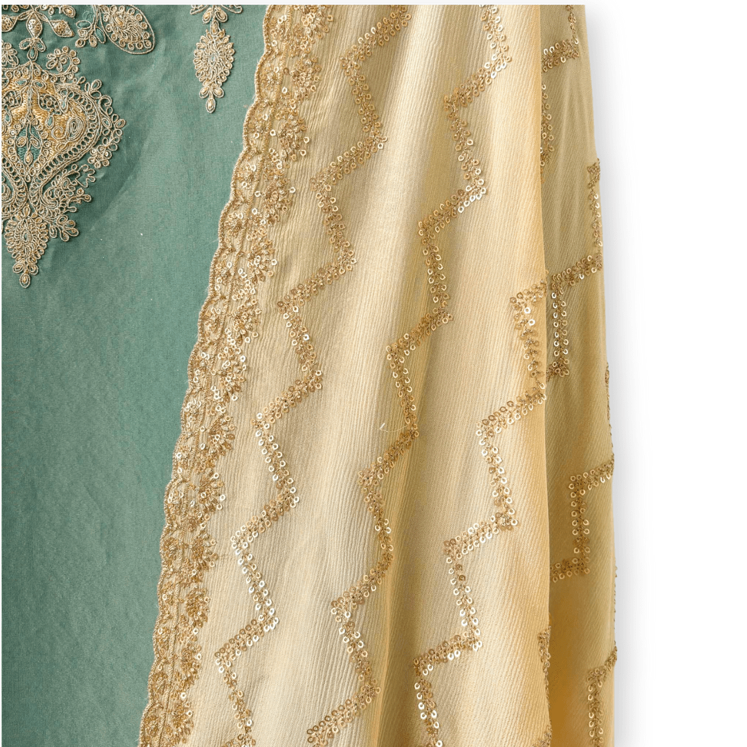 Handpicked Suit Sets Unstitched Suit English Green & Gold Embroidered Pure Tissue Silk Unstitched Suit Set