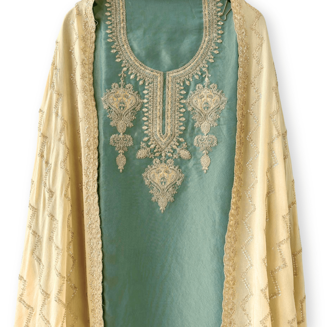 Handpicked Suit Sets Unstitched Suit English Green & Gold Embroidered Pure Tissue Silk Unstitched Suit Set