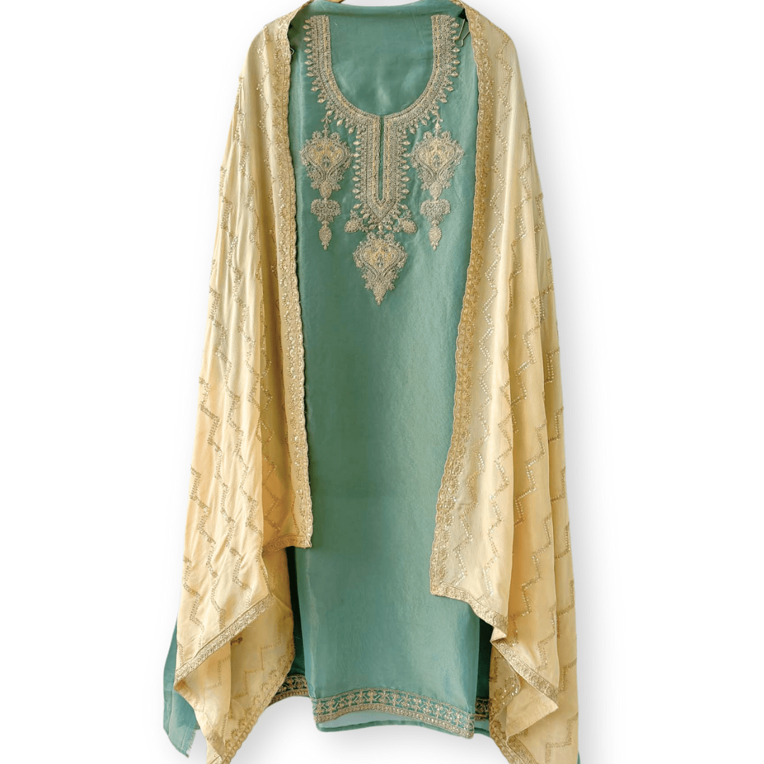 Handpicked Suit Sets Unstitched Suit English Green & Gold Embroidered Pure Tissue Silk Unstitched Suit Set