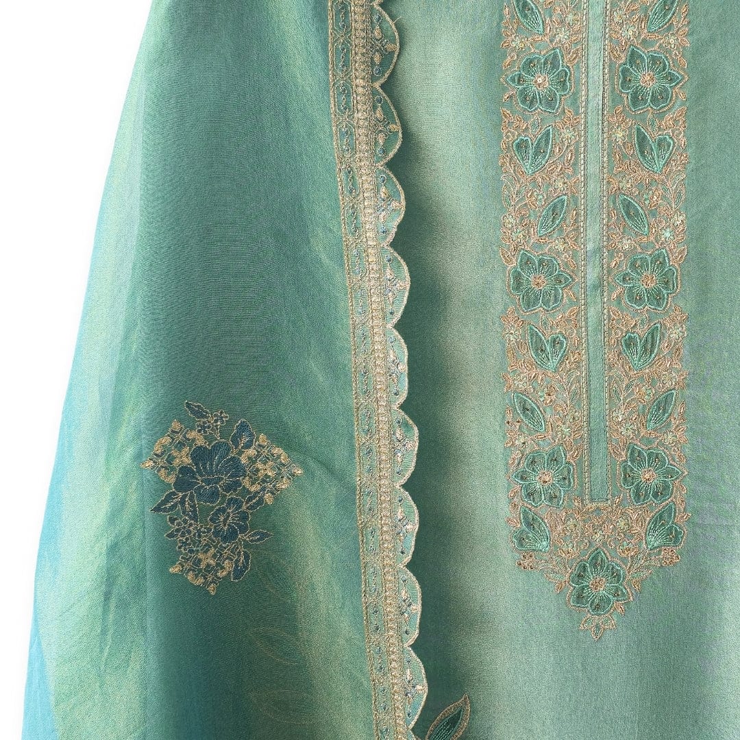 Handpicked Suit Sets Unstitched Suit Light Turquoise Floral Embroidered Pure Tissue Silk Unstitched Suit Set