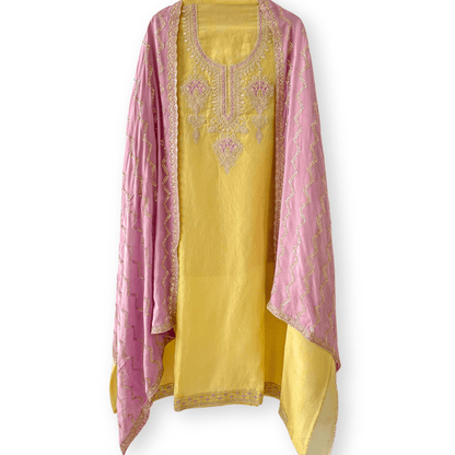 Handpicked Suit Sets Unstitched Suit Light Yellow & Lilac Embroidered Pure Tissue Silk Unstitched Suit Set