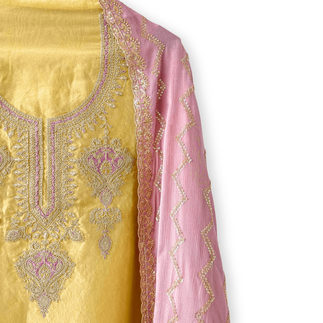 Handpicked Suit Sets Unstitched Suit Light Yellow & Lilac Embroidered Pure Tissue Silk Unstitched Suit Set