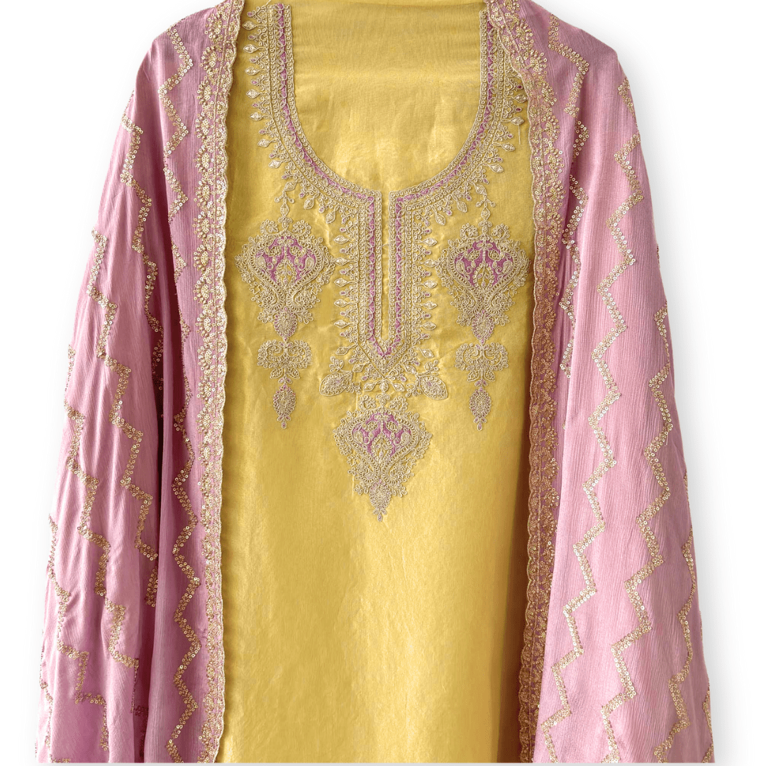 Handpicked Suit Sets Unstitched Suit Light Yellow & Lilac Embroidered Pure Tissue Silk Unstitched Suit Set