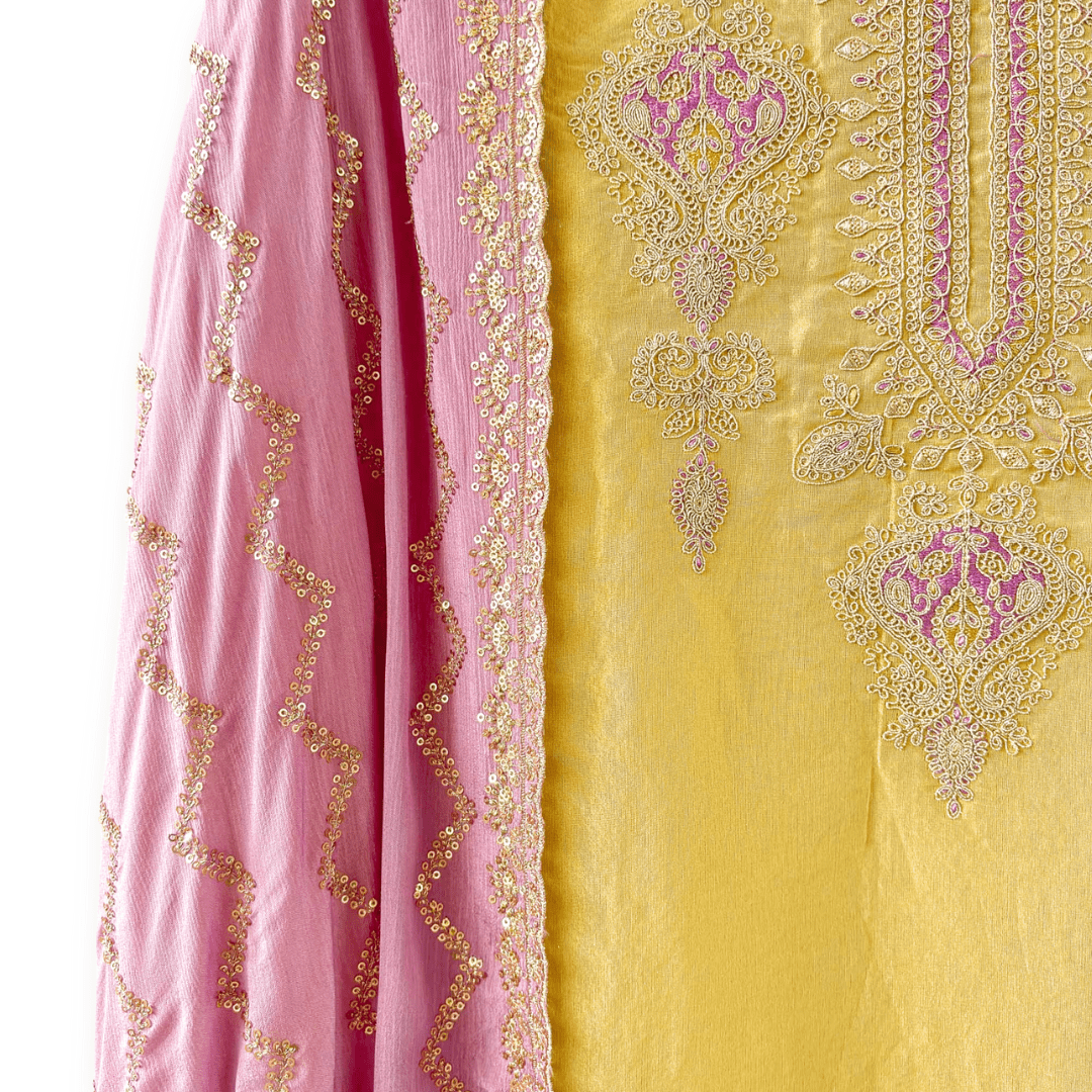 Handpicked Suit Sets Unstitched Suit Light Yellow & Lilac Embroidered Pure Tissue Silk Unstitched Suit Set