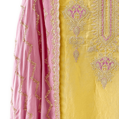 Handpicked Suit Sets Unstitched Suit Light Yellow & Lilac Embroidered Pure Tissue Silk Unstitched Suit Set