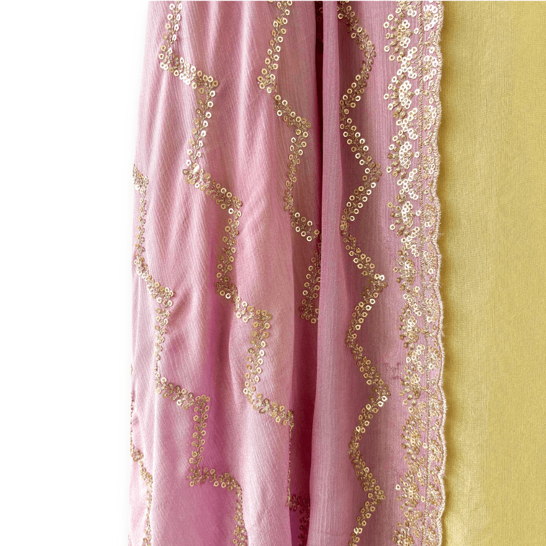 Handpicked Suit Sets Unstitched Suit Light Yellow & Lilac Embroidered Pure Tissue Silk Unstitched Suit Set