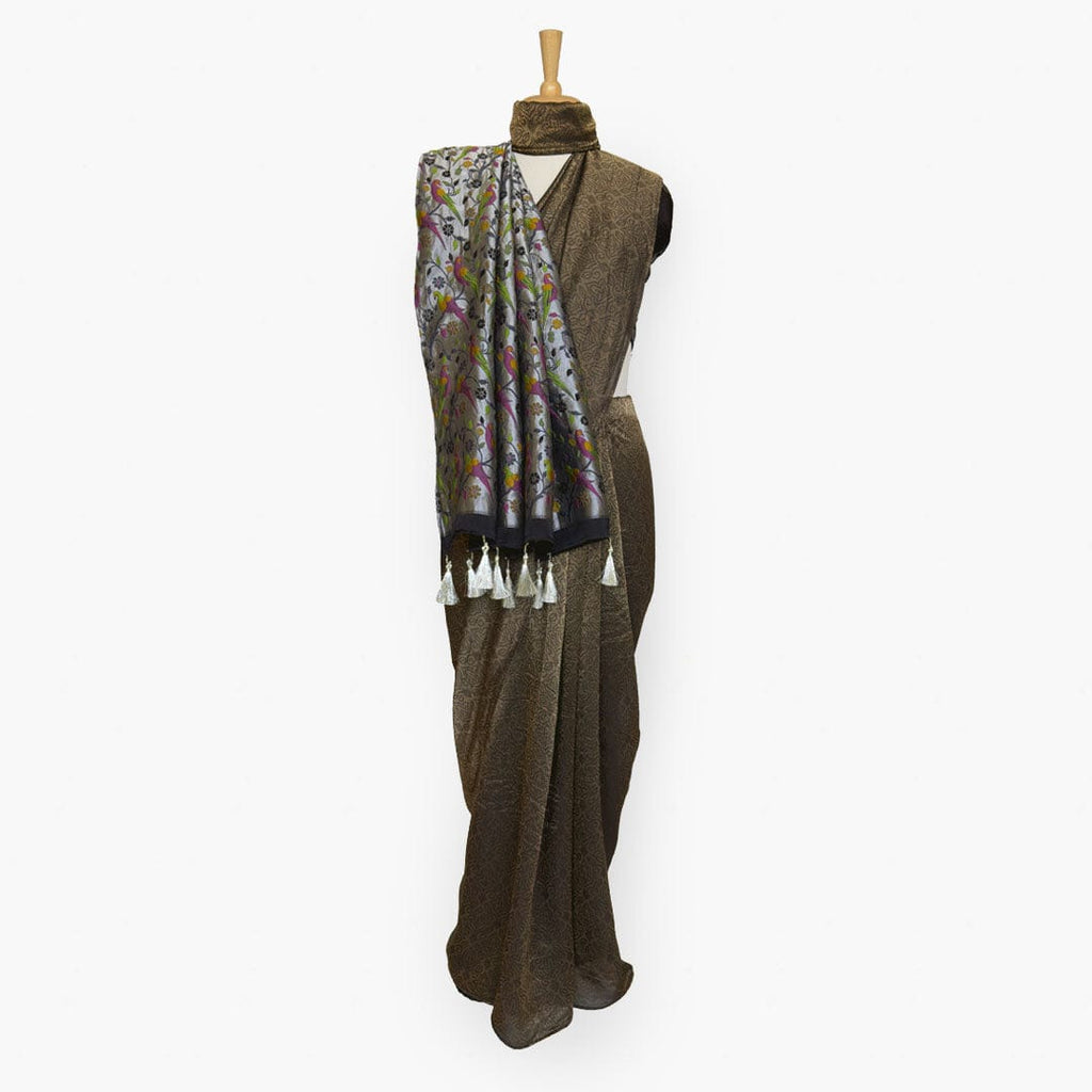 Heirlooms of Silk Saree Saree Black & Silver Heirlooms of Silk Blooming Wines Woven Satin Saree With Unstitched Blouse Piece