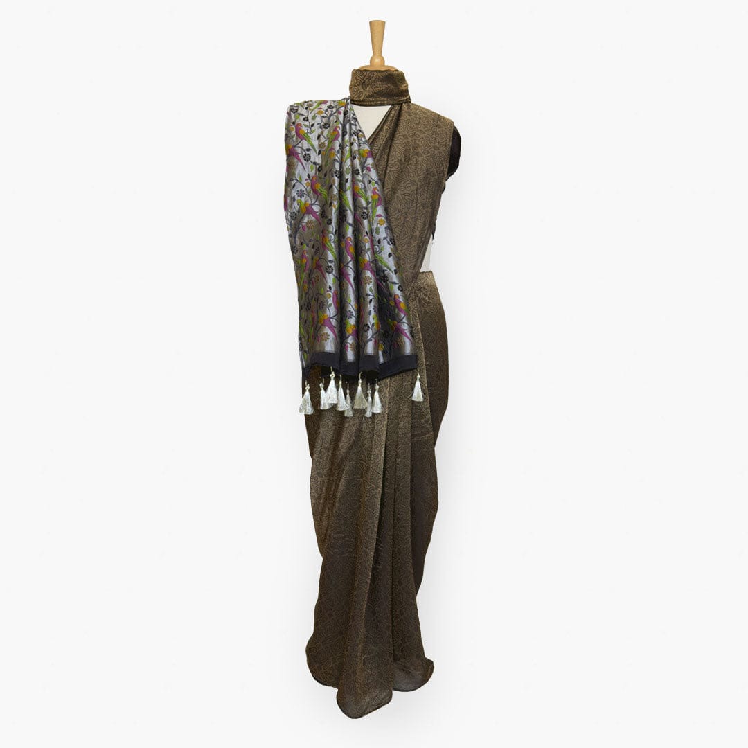 Heirlooms of Silk Saree Saree Black & Silver Heirlooms of Silk Blooming Wines Woven Satin Saree With Unstitched Blouse Piece