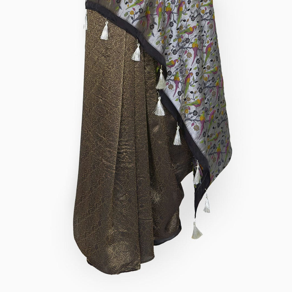 Heirlooms of Silk Saree Saree Black & Silver Heirlooms of Silk Blooming Wines Woven Satin Saree With Unstitched Blouse Piece
