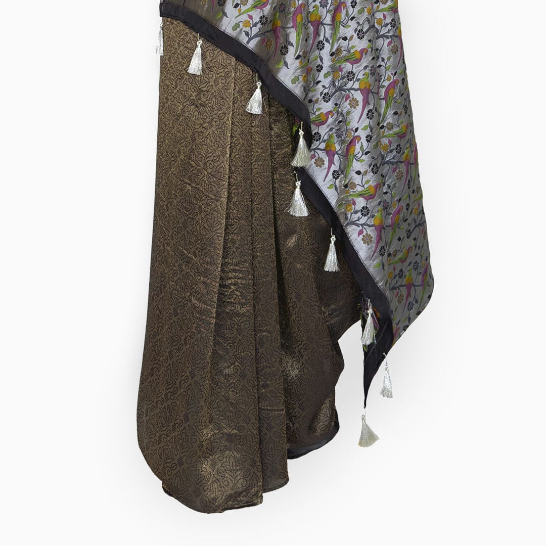 Heirlooms of Silk Saree Saree Black & Silver Heirlooms of Silk Blooming Wines Woven Satin Saree With Unstitched Blouse Piece