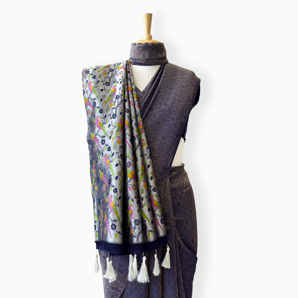Heirlooms of Silk Saree Saree Dark Blue & Silver Satin Saree