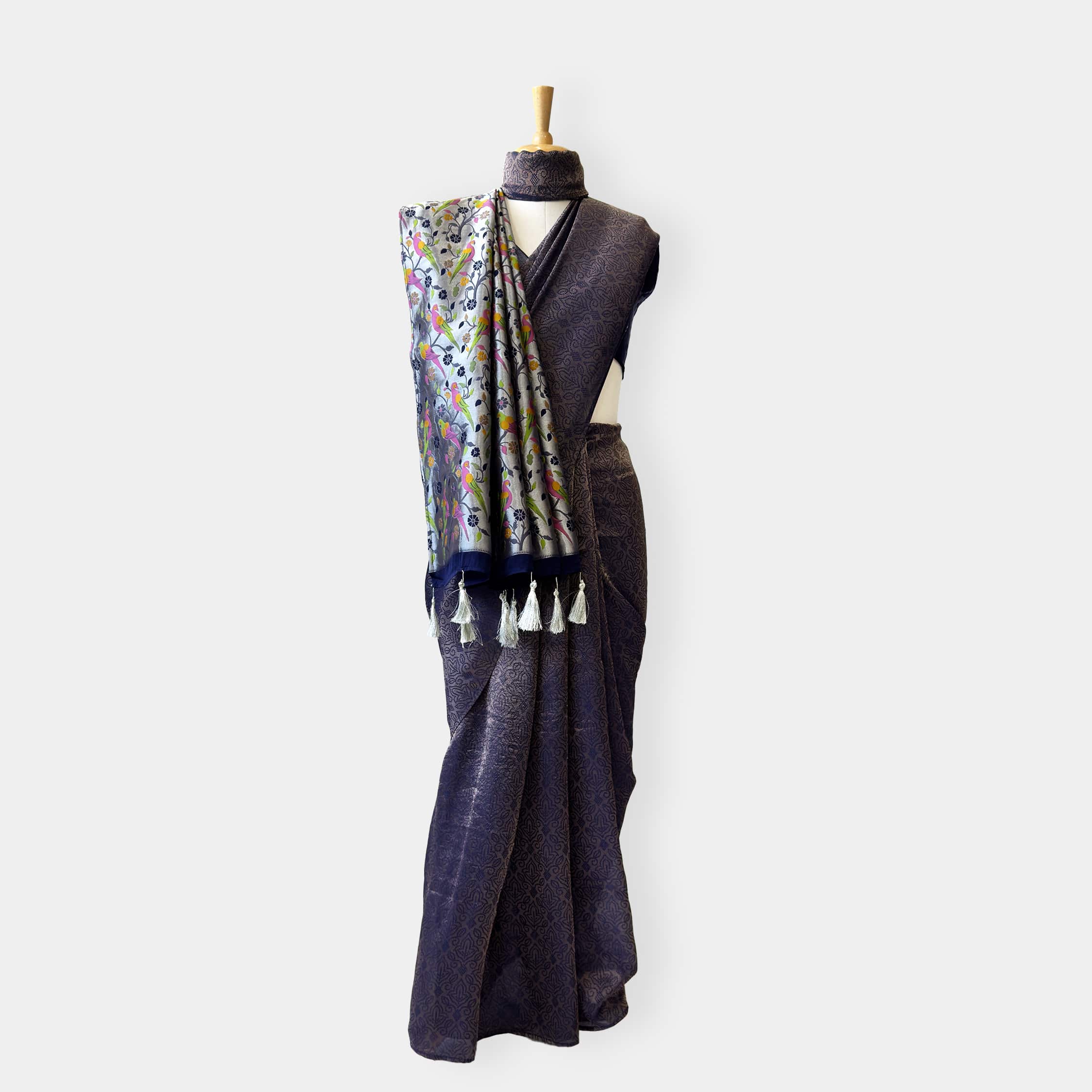 Heirlooms of Silk Saree Saree Dark Blue & Silver Satin Saree