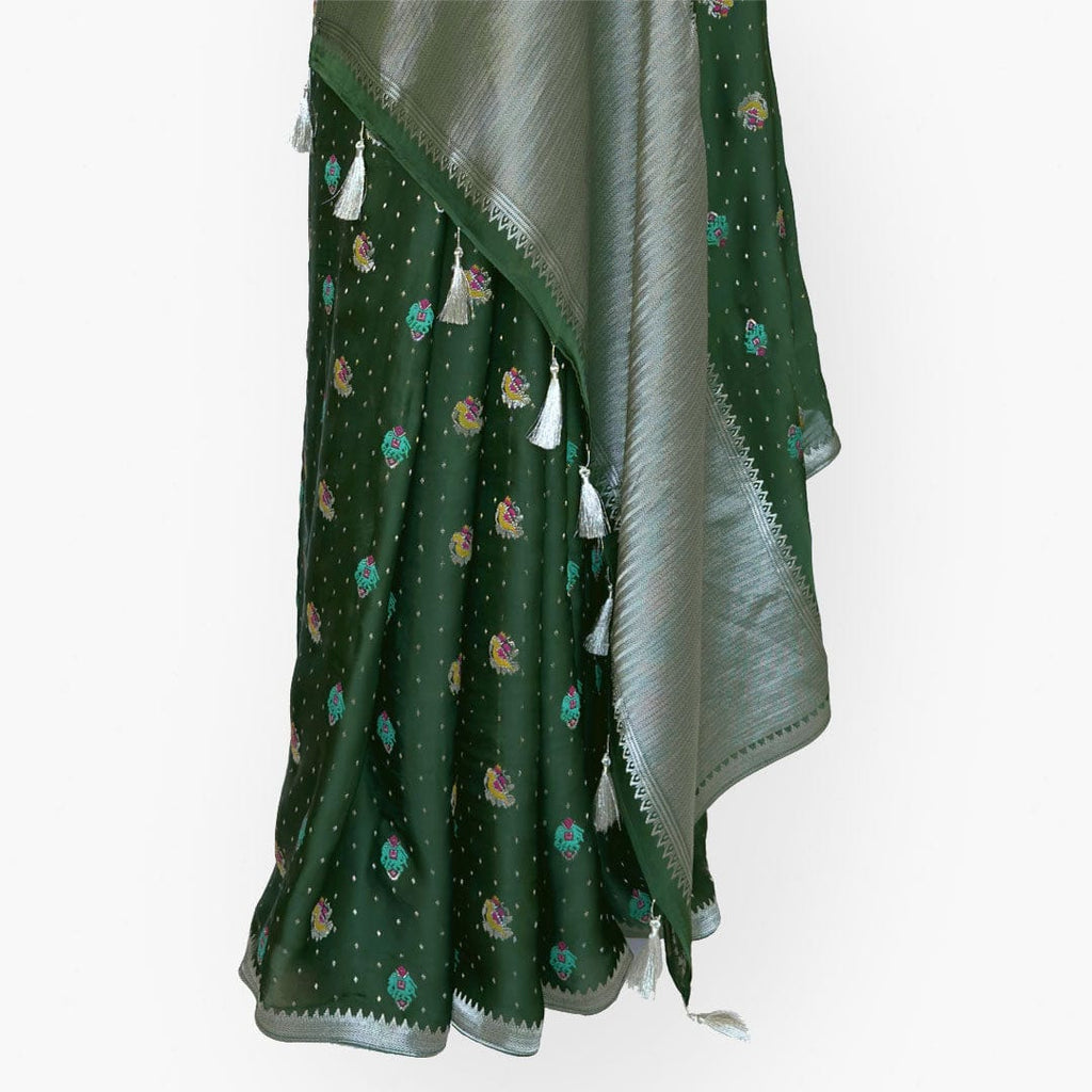 Heirlooms of Silk Saree Saree Deep Green Heirlooms of Silk Garden Whispers Woven Satin Saree With Unstitched Blouse Piece