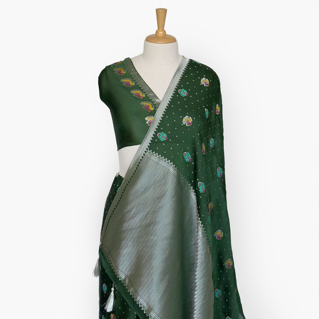 Heirlooms of Silk Saree Saree Deep Green Heirlooms of Silk Garden Whispers Woven Satin Saree With Unstitched Blouse Piece