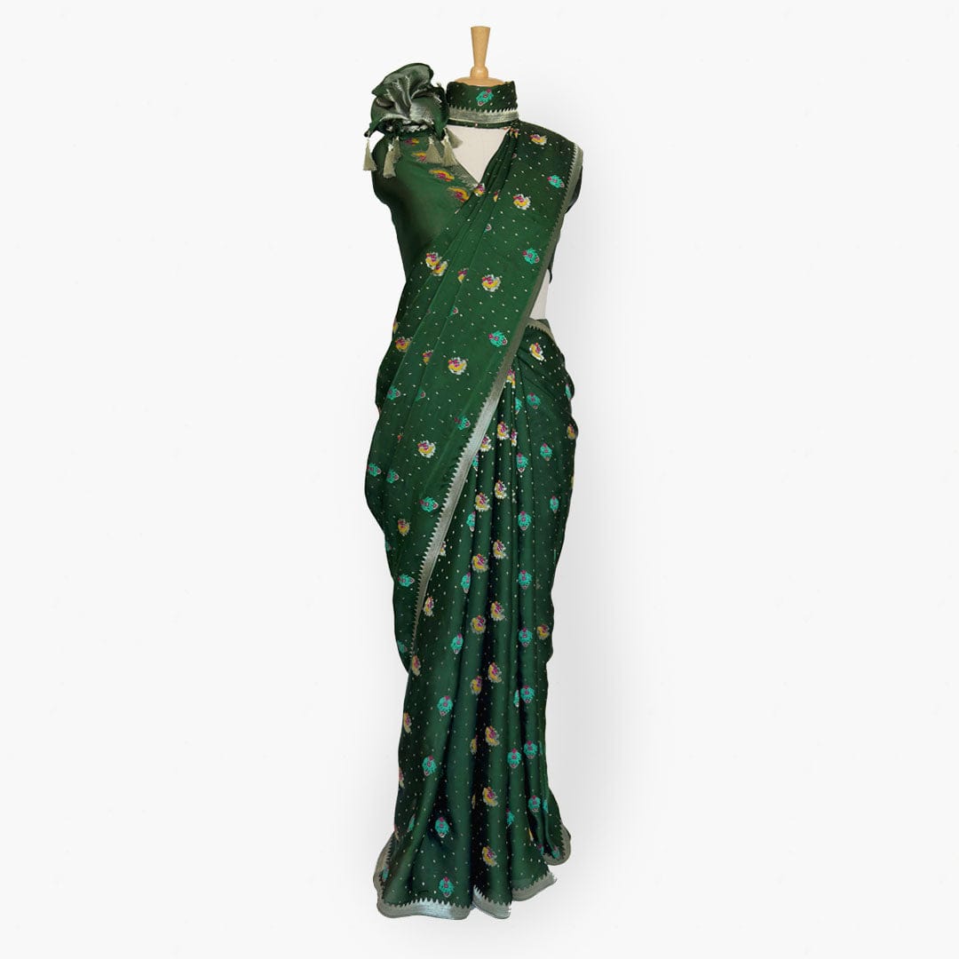 Heirlooms of Silk Saree Saree Deep Green Heirlooms of Silk Garden Whispers Woven Satin Saree With Unstitched Blouse Piece