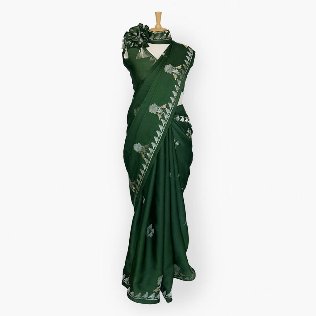 Heirlooms of Silk Saree Saree Deep Green Heirlooms of Silk Sparrow Garden Woven Satin Saree With Unstitched Blouse Piece
