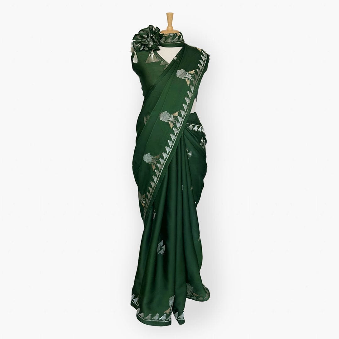 Heirlooms of Silk Saree Saree Deep Green Heirlooms of Silk Sparrow Garden Woven Satin Saree With Unstitched Blouse Piece