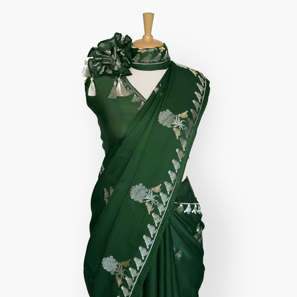 Heirlooms of Silk Saree Saree Deep Green Heirlooms of Silk Sparrow Garden Woven Satin Saree With Unstitched Blouse Piece