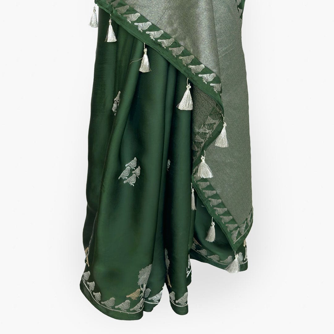 Heirlooms of Silk Saree Saree Deep Green Heirlooms of Silk Sparrow Garden Woven Satin Saree With Unstitched Blouse Piece