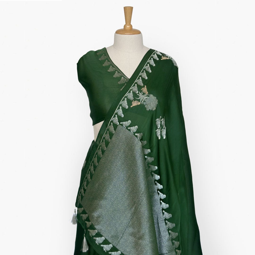 Heirlooms of Silk Saree Saree Deep Green Heirlooms of Silk Sparrow Garden Woven Satin Saree With Unstitched Blouse Piece