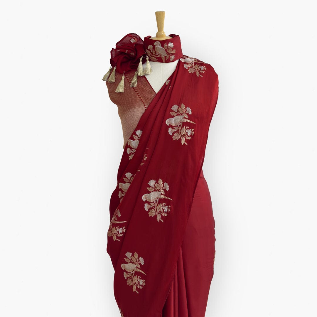 Heirlooms of Silk Saree Saree Deep Red Heirlooms of Silk Blooming Bird Woven Satin Saree With Unstitched Blouse Piece