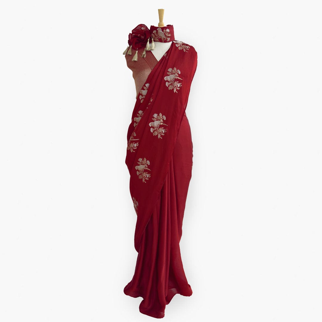 Heirlooms of Silk Saree Saree Deep Red Heirlooms of Silk Blooming Bird Woven Satin Saree With Unstitched Blouse Piece