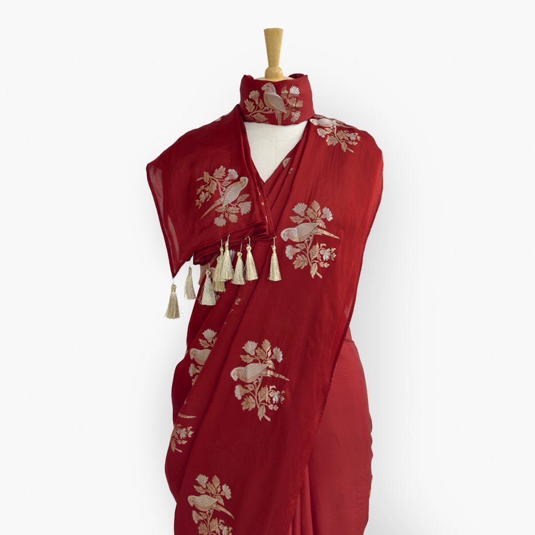 Heirlooms of Silk Saree Saree Deep Red Heirlooms of Silk Blooming Bird Woven Satin Saree With Unstitched Blouse Piece