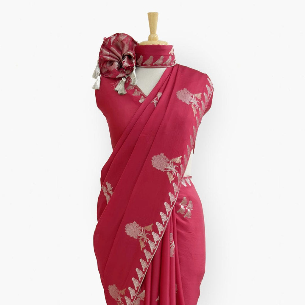 Heirlooms of Silk Saree Saree Rose Pink Heirlooms of Silk Sparrow Garden Woven Satin Saree With Unstitched Blouse Piece