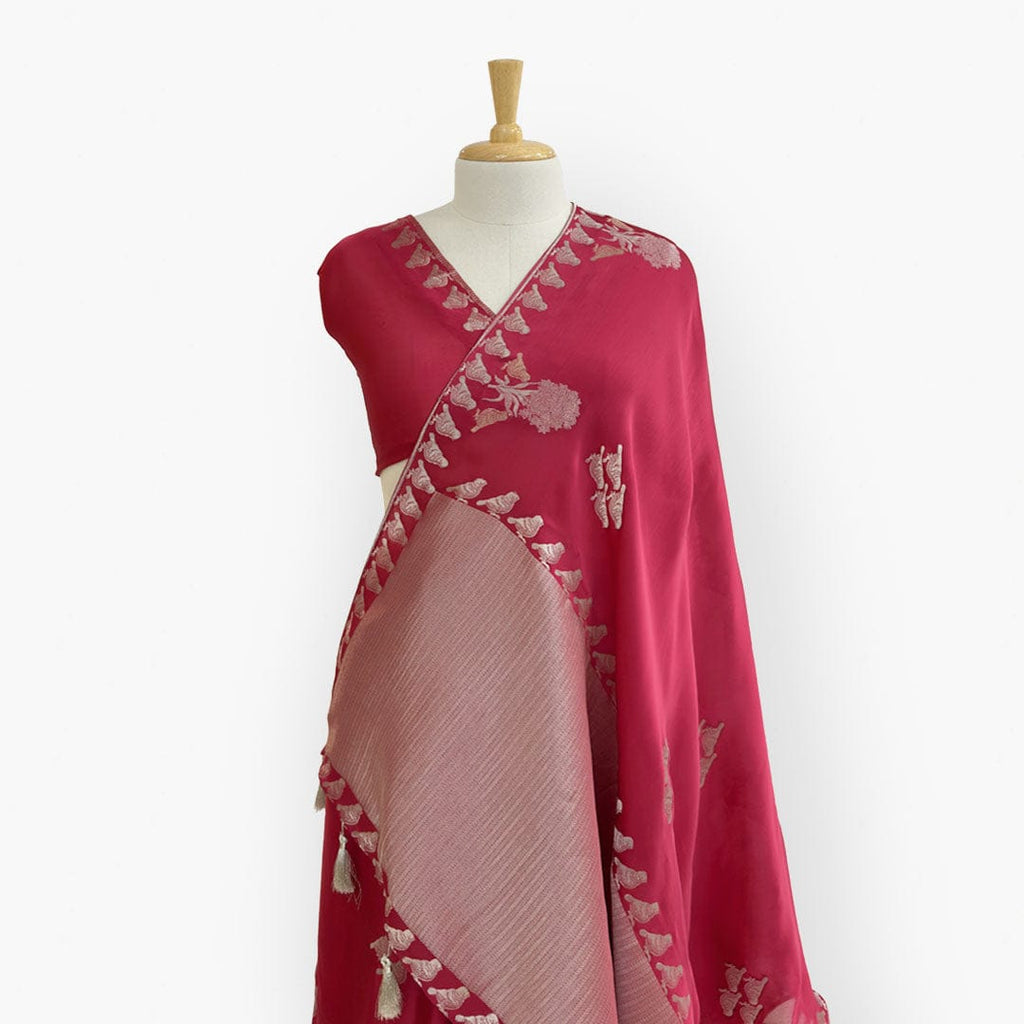 Heirlooms of Silk Saree Saree Rose Pink Heirlooms of Silk Sparrow Garden Woven Satin Saree With Unstitched Blouse Piece