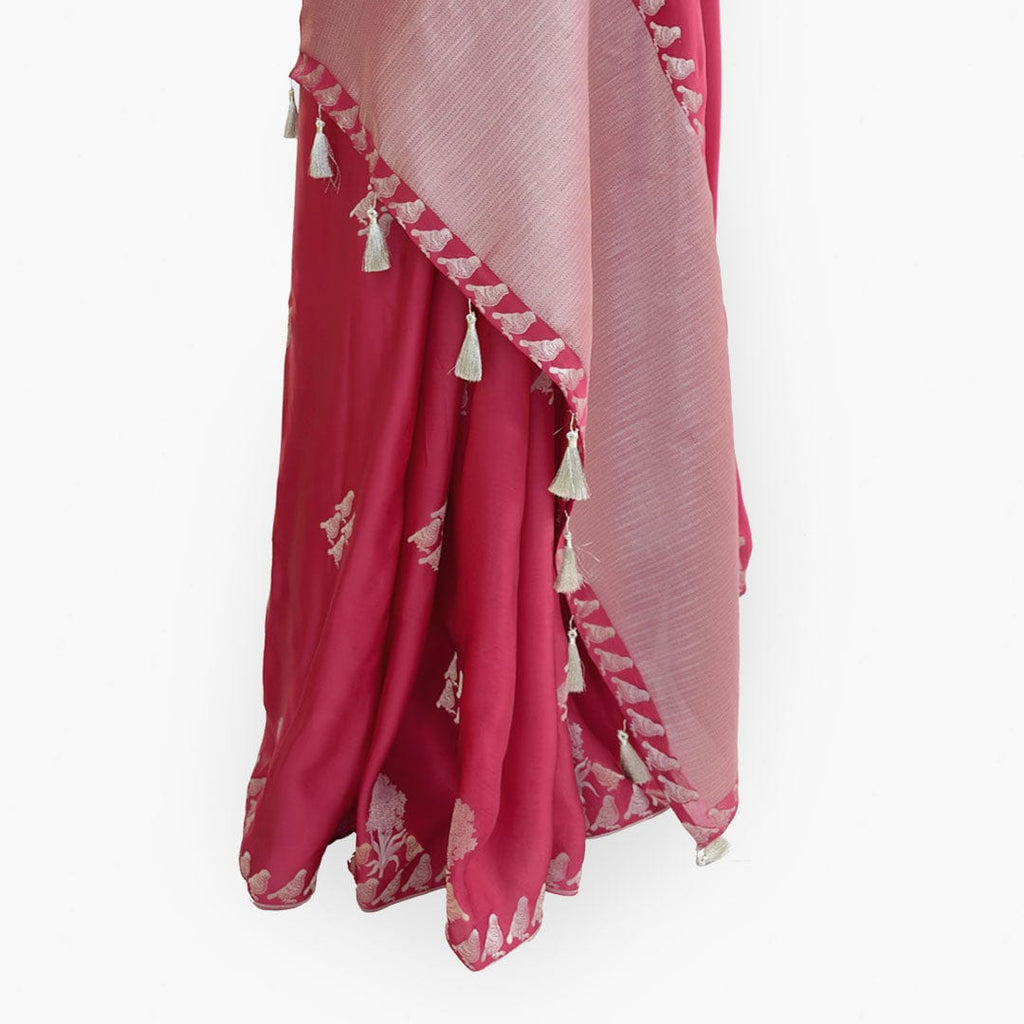 Heirlooms of Silk Saree Saree Rose Pink Heirlooms of Silk Sparrow Garden Woven Satin Saree With Unstitched Blouse Piece