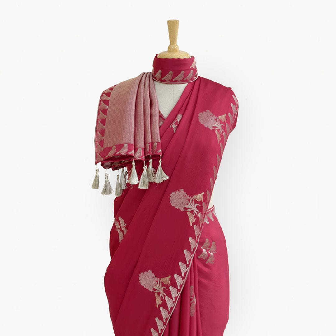 Heirlooms of Silk Saree Saree Rose Pink Heirlooms of Silk Sparrow Garden Woven Satin Saree With Unstitched Blouse Piece