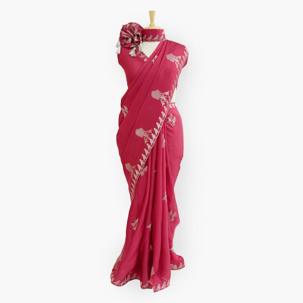 Heirlooms of Silk Saree Saree Rose Pink Heirlooms of Silk Sparrow Garden Woven Satin Saree With Unstitched Blouse Piece