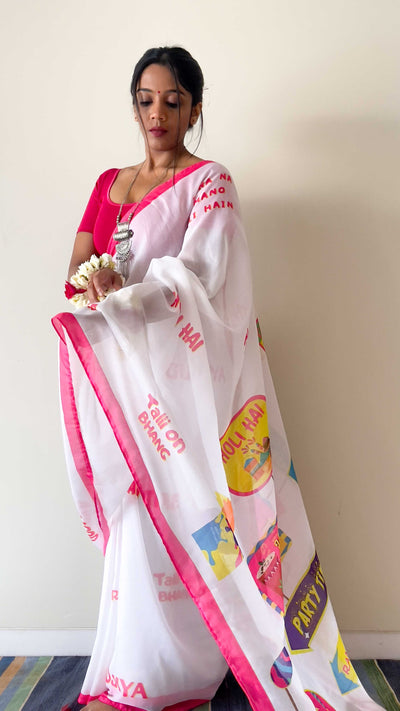 Holi Saree Saree Bright Pink Rang Barse Soft Cotton Printed Holi Saree