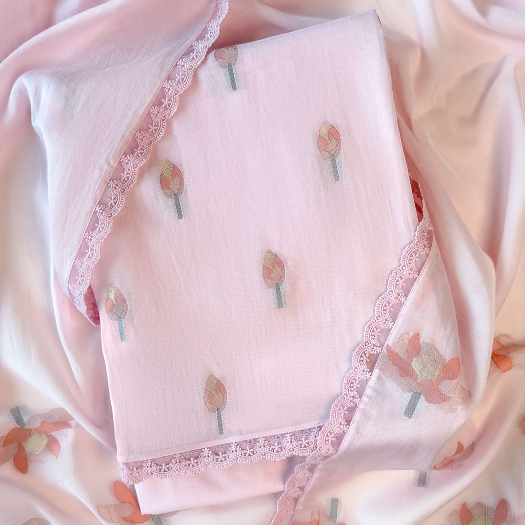 Lotus Jamdani Unstitched Suit Unstitched Suit Blush Pink Suit Set