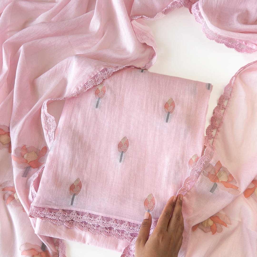 Lotus Jamdani Unstitched Suit Unstitched Suit Blush Pink Suit Set