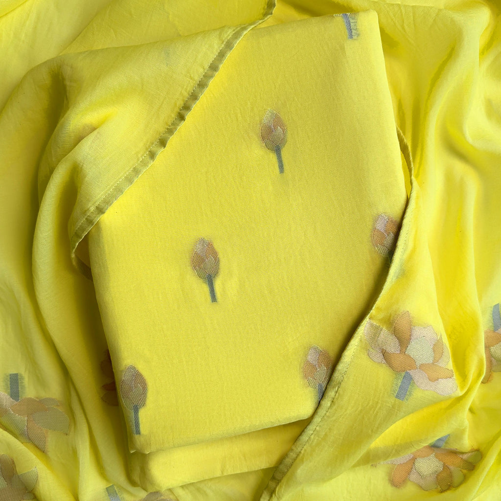 Lotus Jamdani Unstitched Suit Unstitched Suit Bright Yellow Suit Set