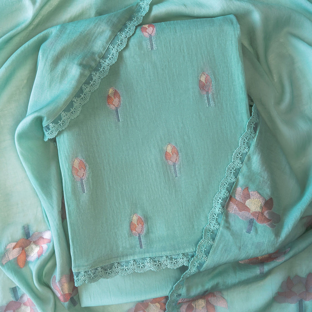 Lotus Jamdani Unstitched Suit Unstitched Suit Light Aqua Suit Set