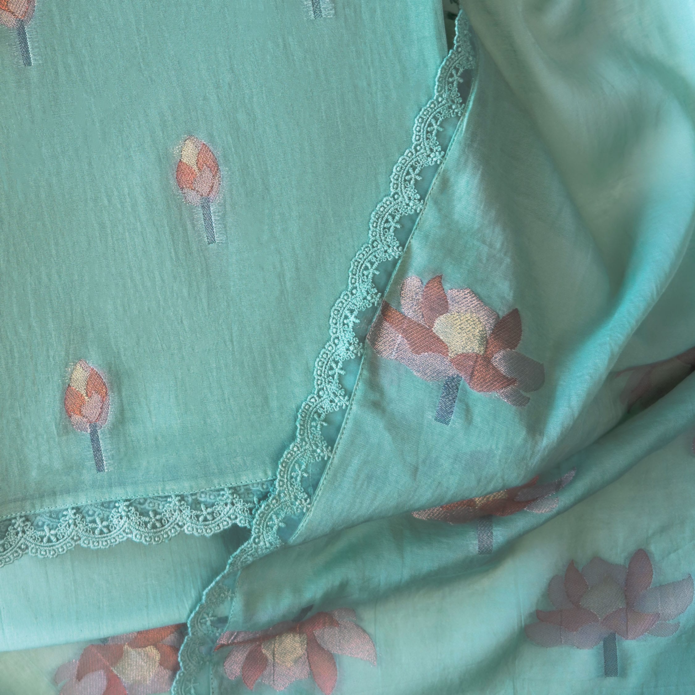 Lotus Jamdani Unstitched Suit Unstitched Suit Light Aqua Suit Set