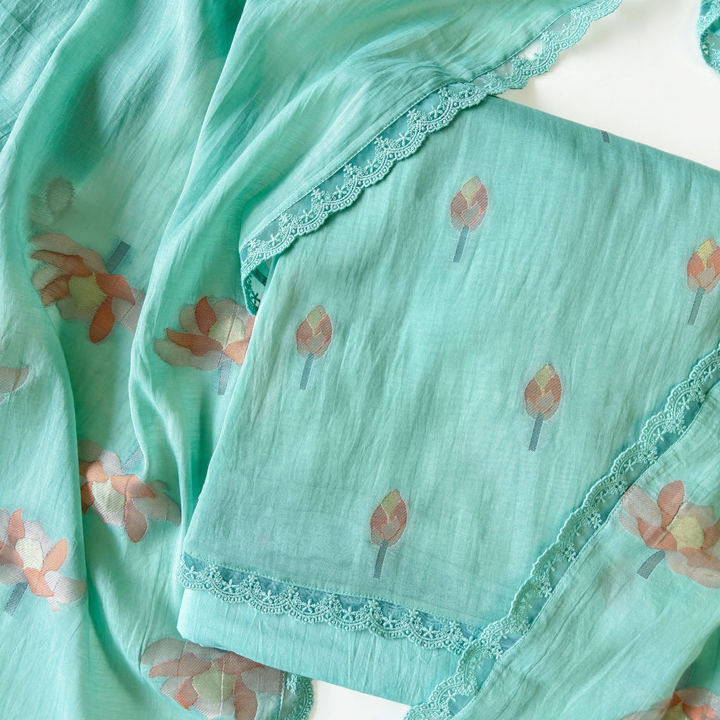 Lotus Jamdani Unstitched Suit Unstitched Suit Light Aqua Suit Set