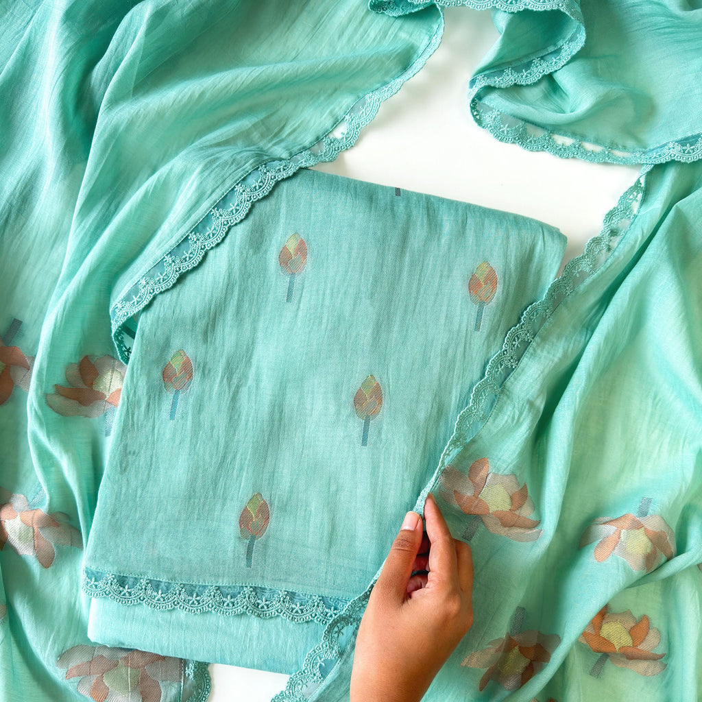 Lotus Jamdani Unstitched Suit Unstitched Suit Light Aqua Suit Set