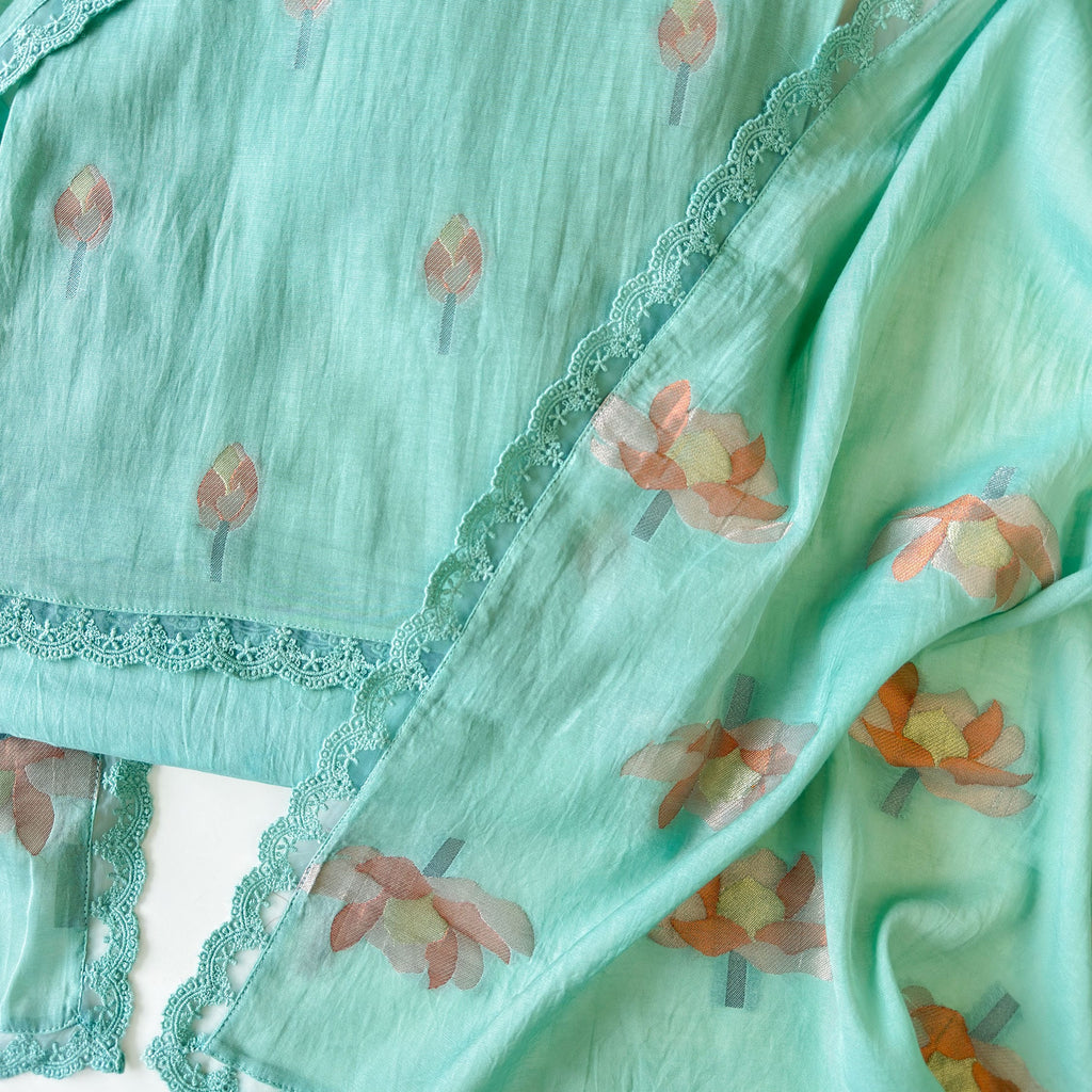 Lotus Jamdani Unstitched Suit Unstitched Suit Light Aqua Suit Set