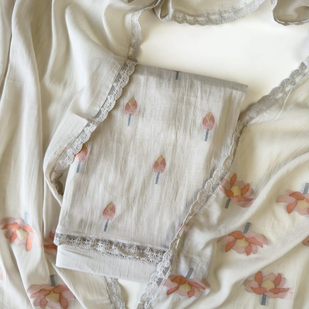 Lotus Jamdani Unstitched Suit Unstitched Suit Light Grey Suit Set