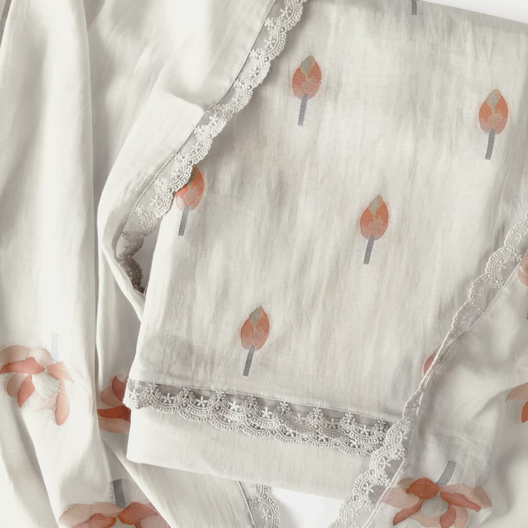 Lotus Jamdani Unstitched Suit Unstitched Suit Light Grey Suit Set