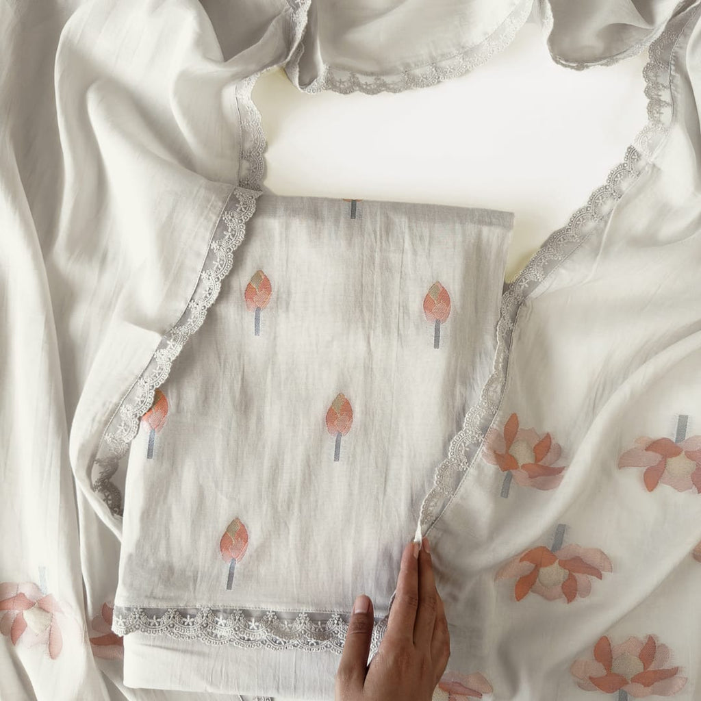 Lotus Jamdani Unstitched Suit Unstitched Suit Light Grey Suit Set