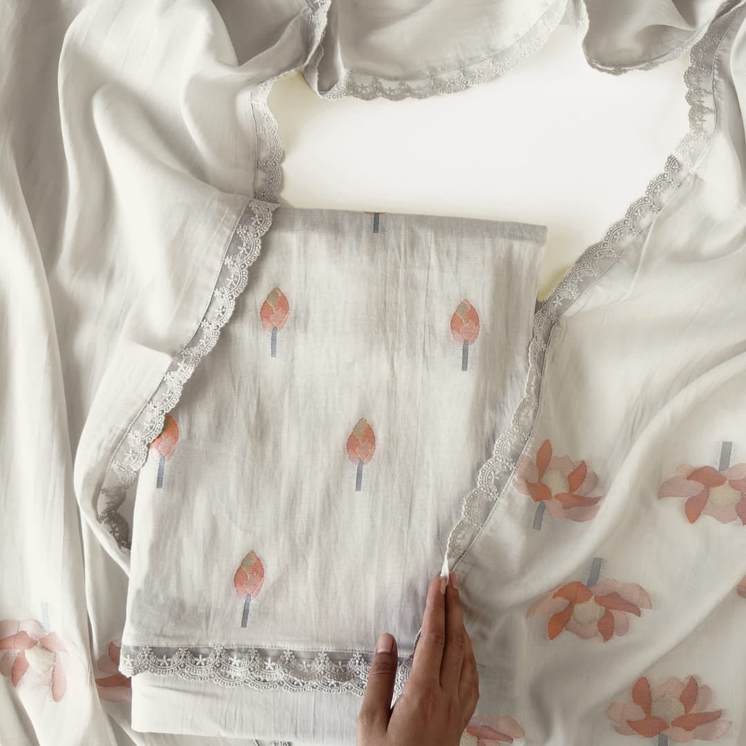 Lotus Jamdani Unstitched Suit Unstitched Suit Light Grey Suit Set
