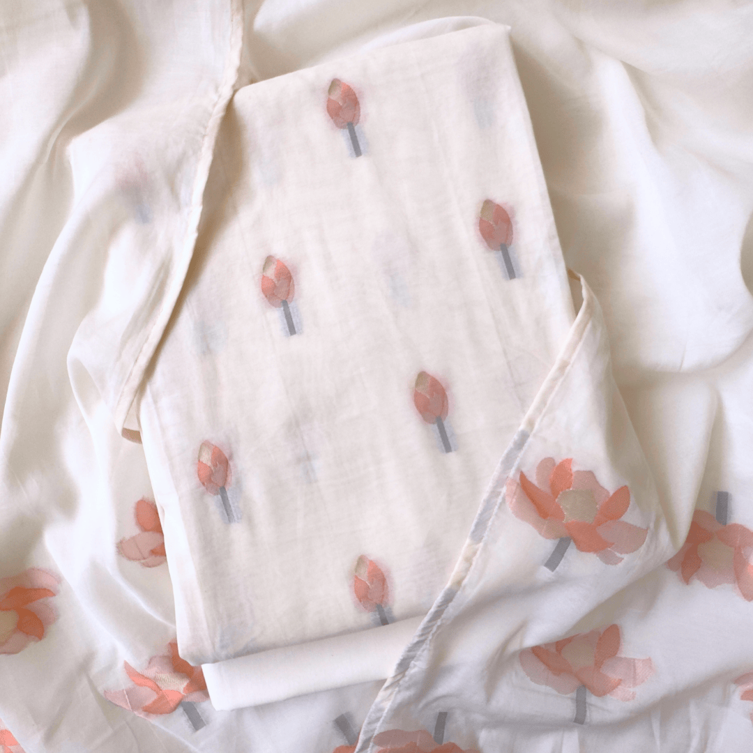 Lotus Jamdani Unstitched Suit Unstitched Suit Off-White & Rose Gold Lotus Jamdani Woven Pure Mul Chanderi Unstitched Suits Sets