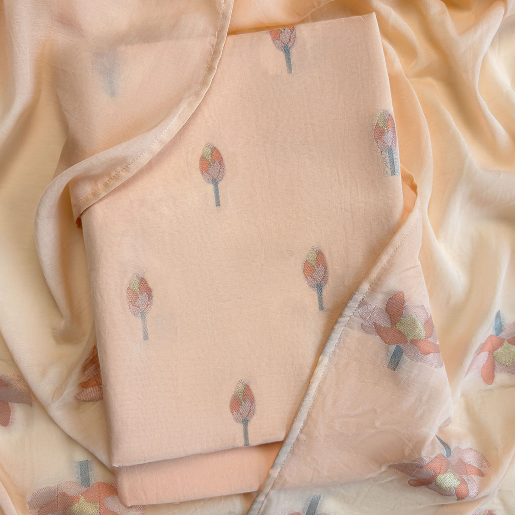 Lotus Jamdani Unstitched Suit Unstitched Suit Salmon Peach Suit Set