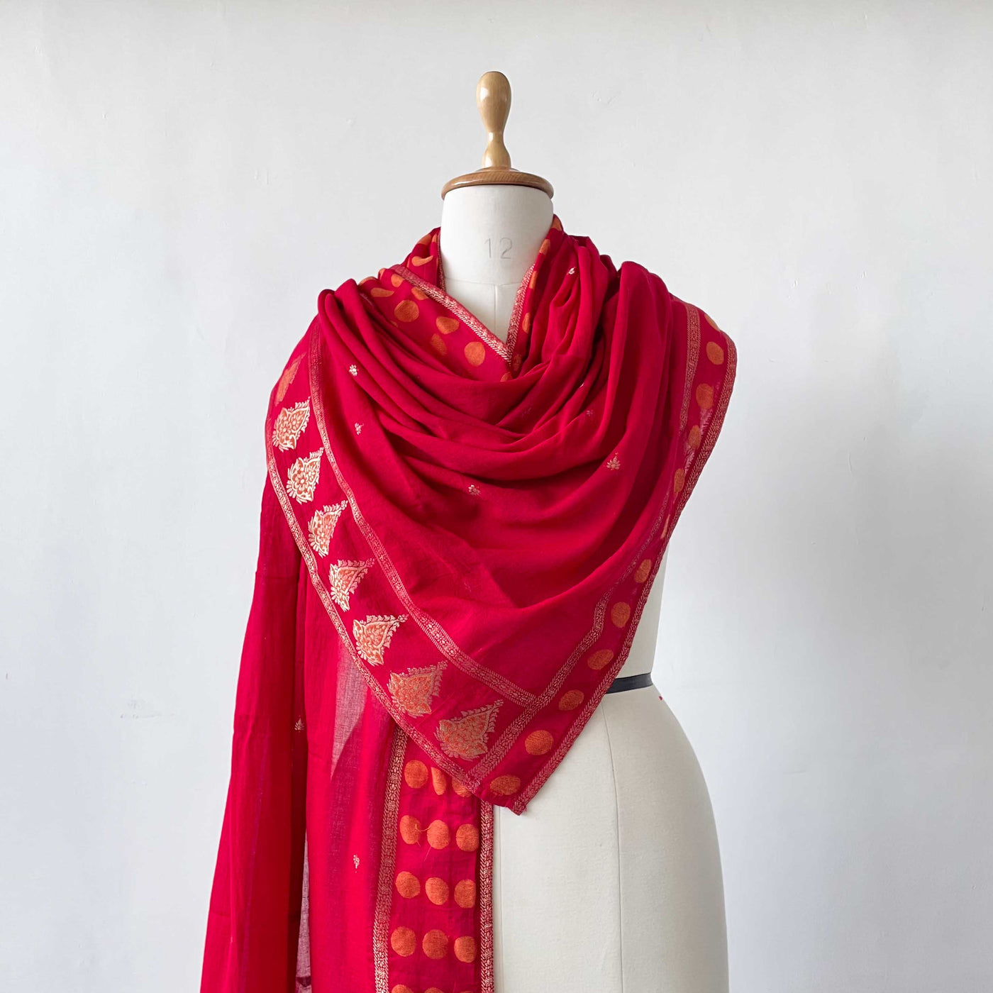 Mix Dupatta Dupatta Bright Red & Gold Floral and Polka Woven Pure Mul Cotton Dupatta (Width 36 Inches)
