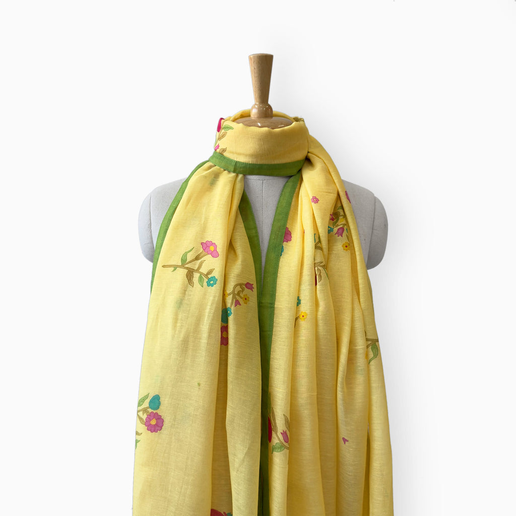 Mix Dupatta Dupatta Lemon Yellow Floral Printed Pure Linen Dupatta
